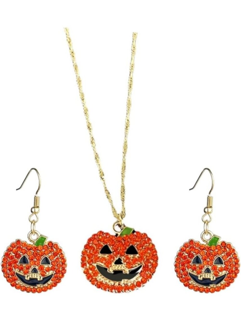 Women’s Pumpkin Orange Rhinestone Sparkly Halloween Ghost Necklace Earring